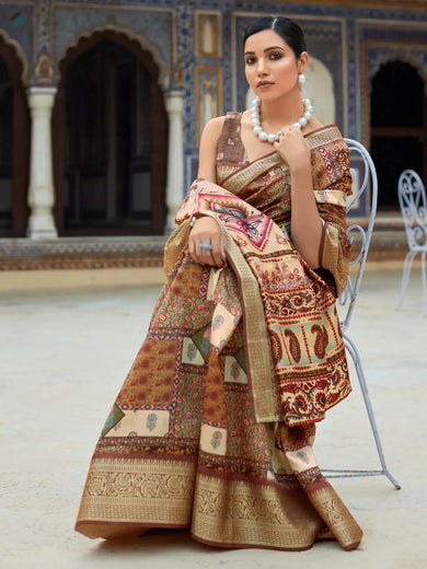 Incredible Brown Digital Printed Silk Events Wear Saree With Blouse